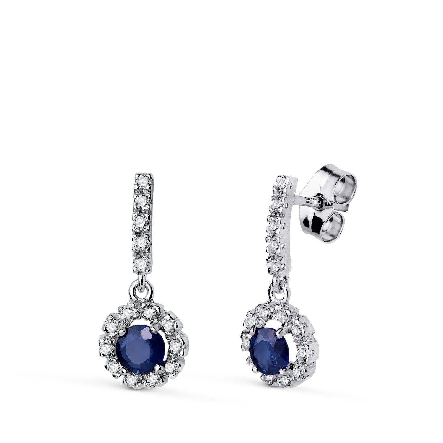 Boucles d'oreilles Saphir Or Blanc 18K 4MM - 0,66 Qts et Zircon 18 X 7,5 mm Fermoir Poussettes Papillon