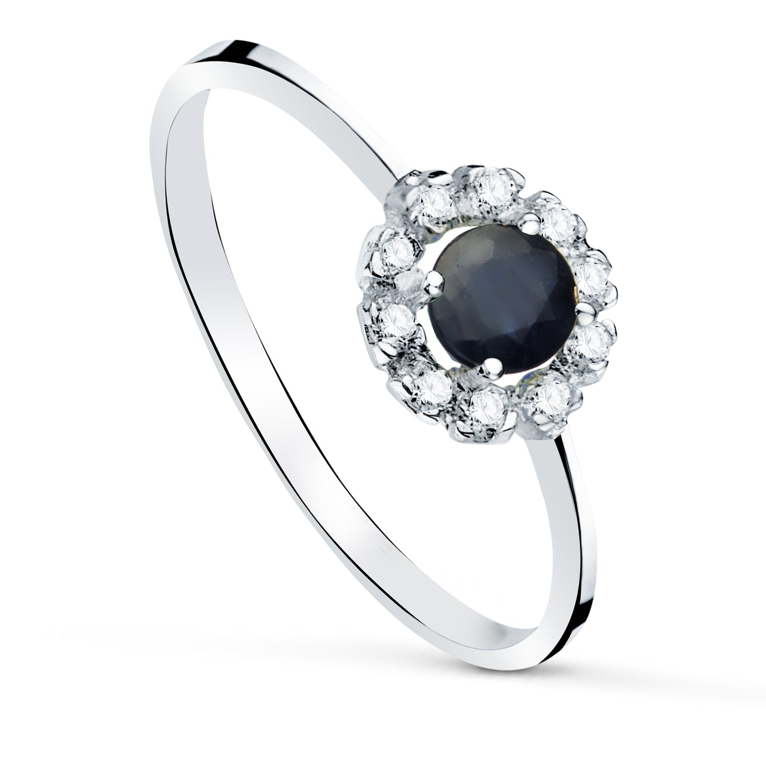 18K Bague Or Blanc avec Saphir 4 mm et 0,26 Ct et Zircons 7X7 mm