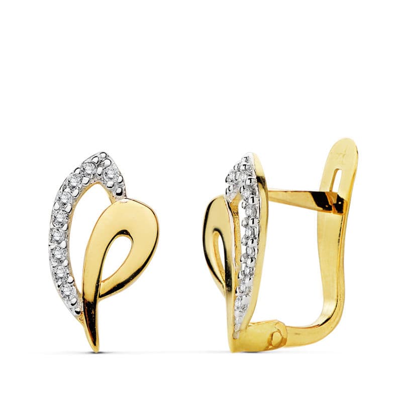 Pendientes Oro Bicolor Circonitas 12X6MM Cierre Catalán