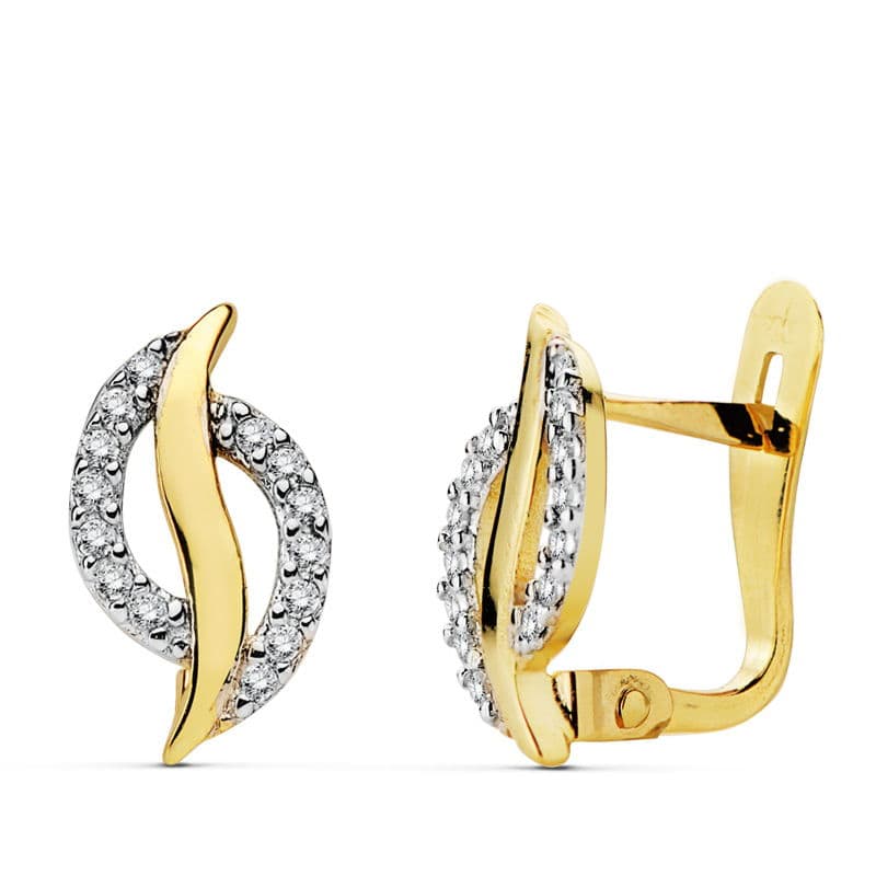 Pendientes Oro Bicolor Circonitas 12X7 mm Cierre Catalán
