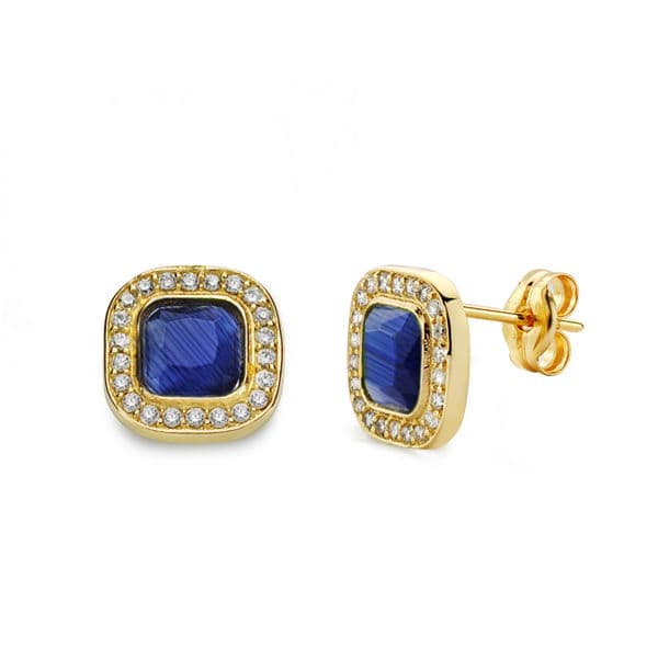 Boucles d'oreilles Or Jaune 18K Pierre Bleue 9X9 mm Fermoir Poussettes Papillon