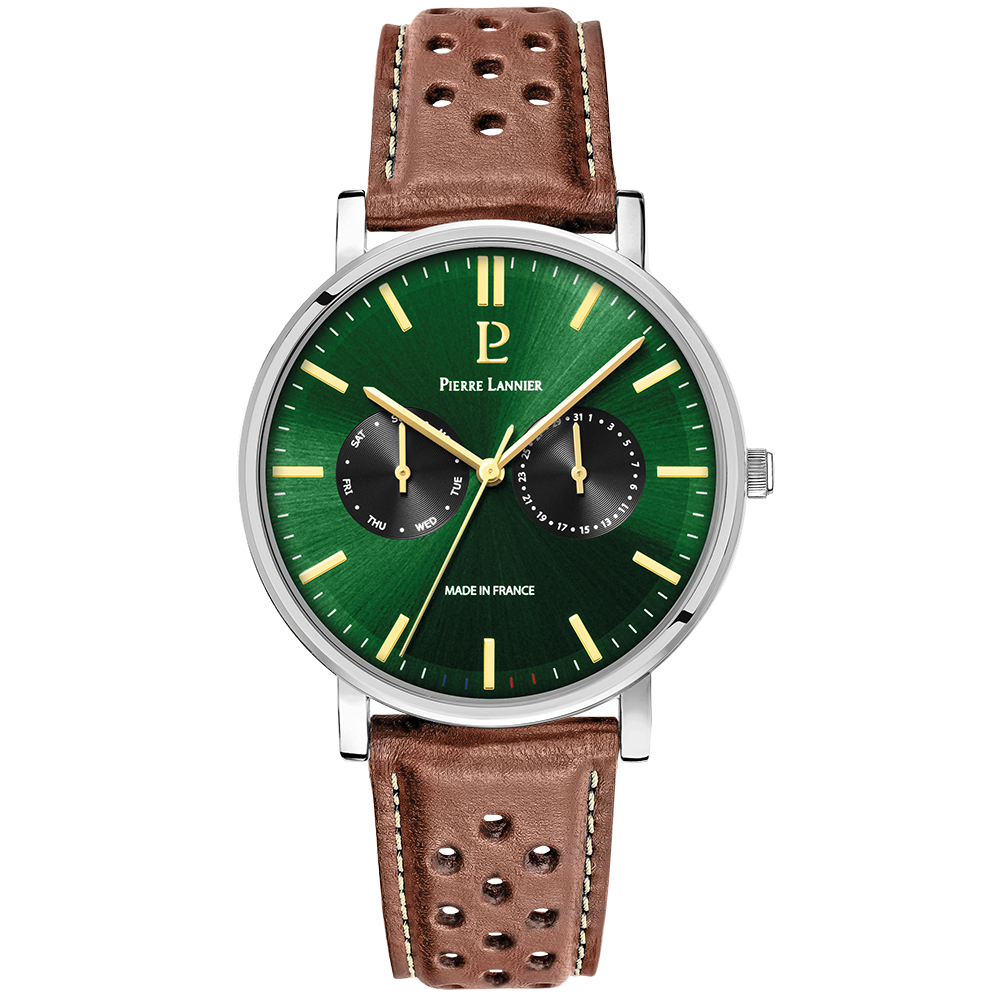 Reloj Pierre Lannier ESSENTIAL para hombre caja plateada correa de piel marrón 206J174