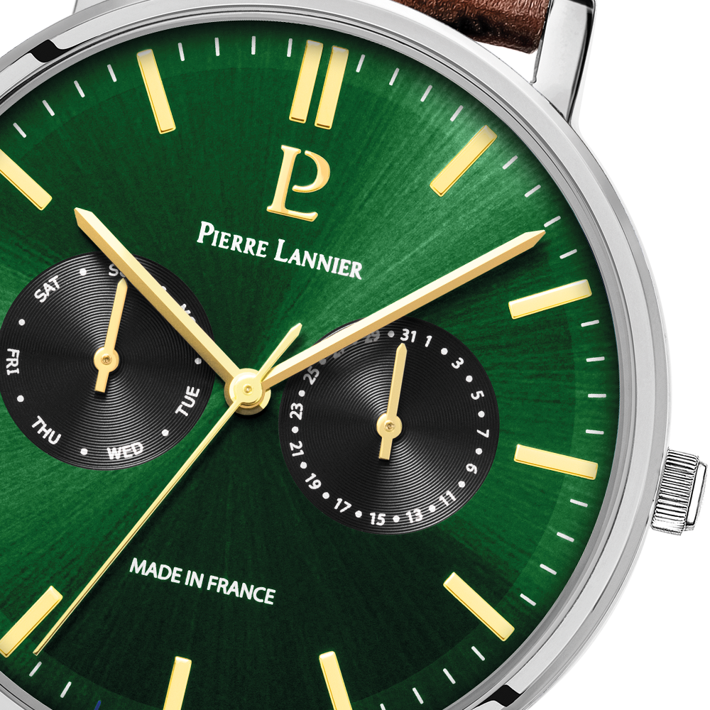 Esfera verde rayos de sol, agujas doradas, bisel plateado Pierre Lannier 206J174