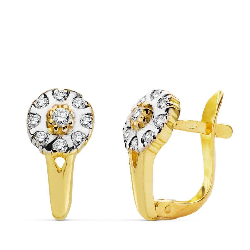 18K Bicolor Zirconia Earrings 12X6 mm Catalan Clasp