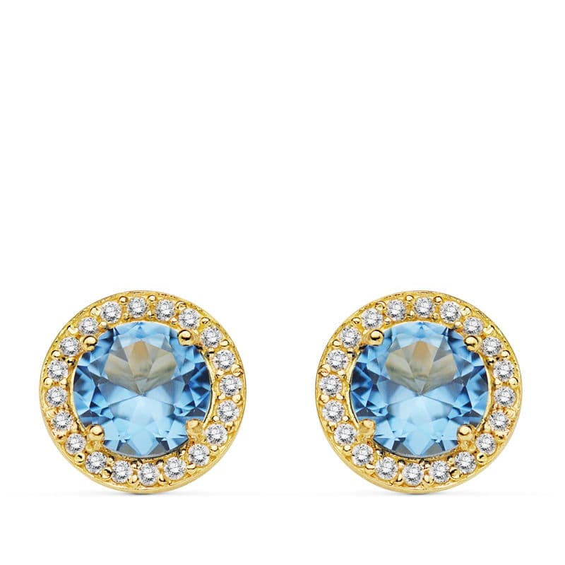 Boucles d'oreilles Or Jaune 18K Pierre Bleu Clair 9MM Circonias Fermoir Poussettes Papillon