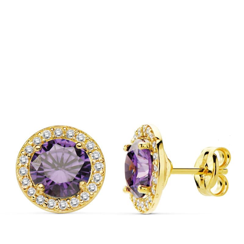 Boucles d'oreilles Or Jaune 18K Pierre Amethyste Zircon 9 mm Fermoir Poussettes Papillon