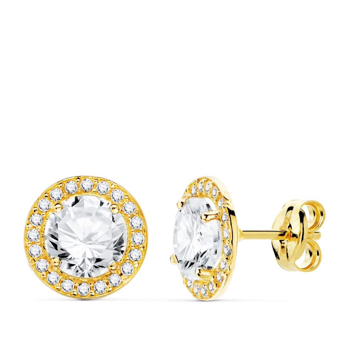 Pendientes Oro Amarillo 18K Circonitas Redondas Cierre Push 9 mm