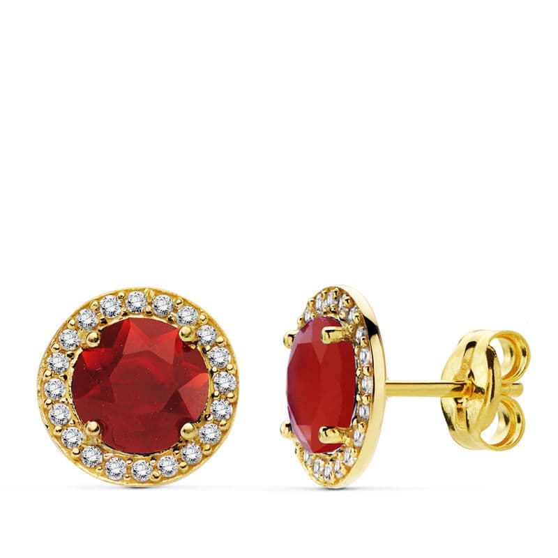 Boucles d'oreilles Or Jaune 18K Pierre Rouge Zircone 9 mm Fermoir Poussettes Papillon