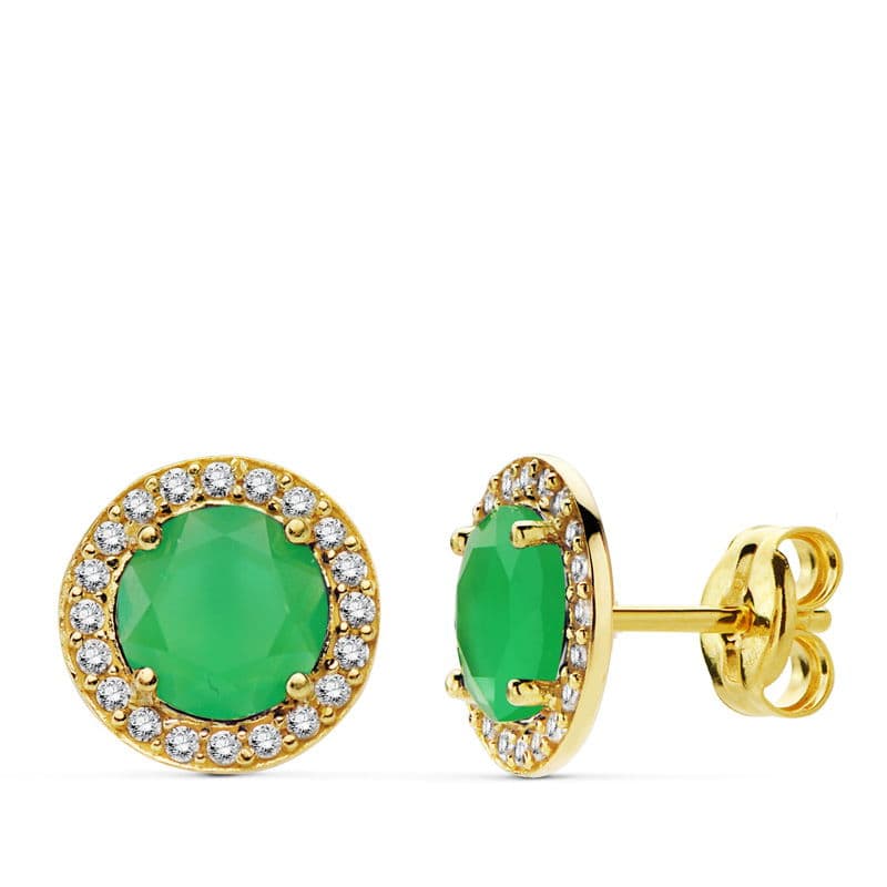 Boucles d'oreilles Or Jaune 18K Pierre Verte Zircon 9 mm Fermoir Poussettes Papillon