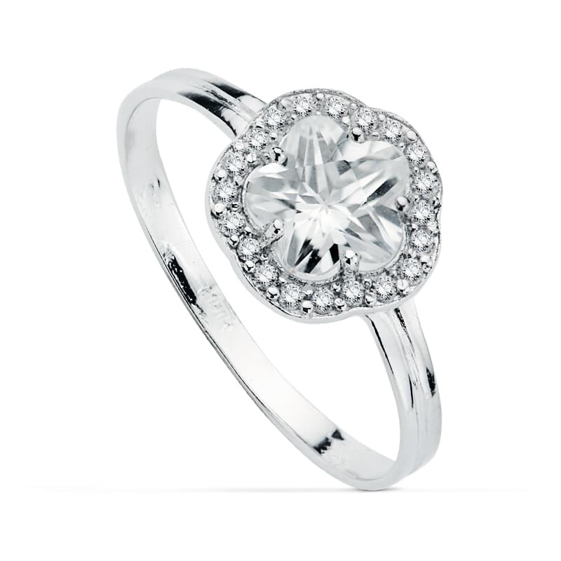 Anel em ouro branco 18K com flor e zircônia Largura: 9 mm