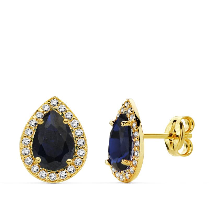 Boucles d'oreilles Or Jaune 18K Pierre Bleue Zirconites 10X8 mm Fermoir Poussettes Papillon