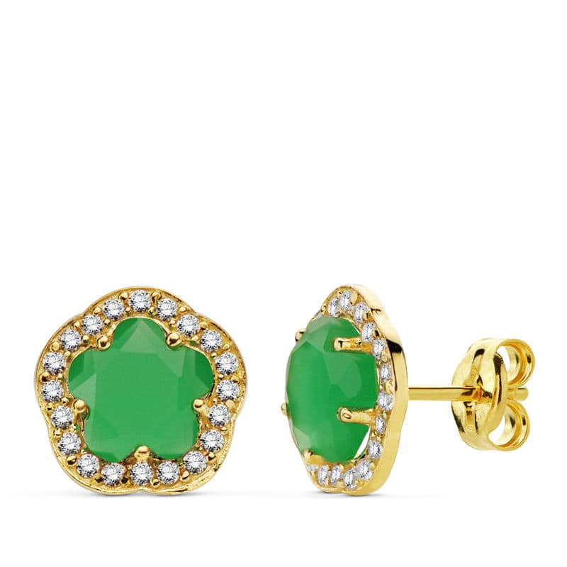 Boucles d'oreilles Or Jaune 18K Fleur Pierre Verte 9X9 mm Fermoir Poussettes Papillon