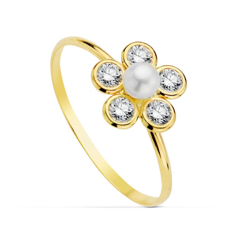 Bague Fleur en Or Jaune 18K avec Zircon avec Perle 3MM Largeur: 9X9 mm