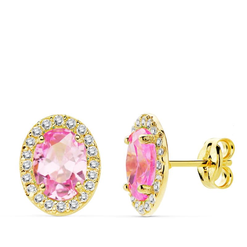 18K gul guld øreringe Pink Stone Zirconia Oval 10X8 mm sommerfuglelås