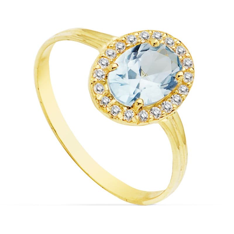 Bague Or Jaune 18K Aigue-marine Zircone Ovale 7X5 mm Largeur : 10 mm