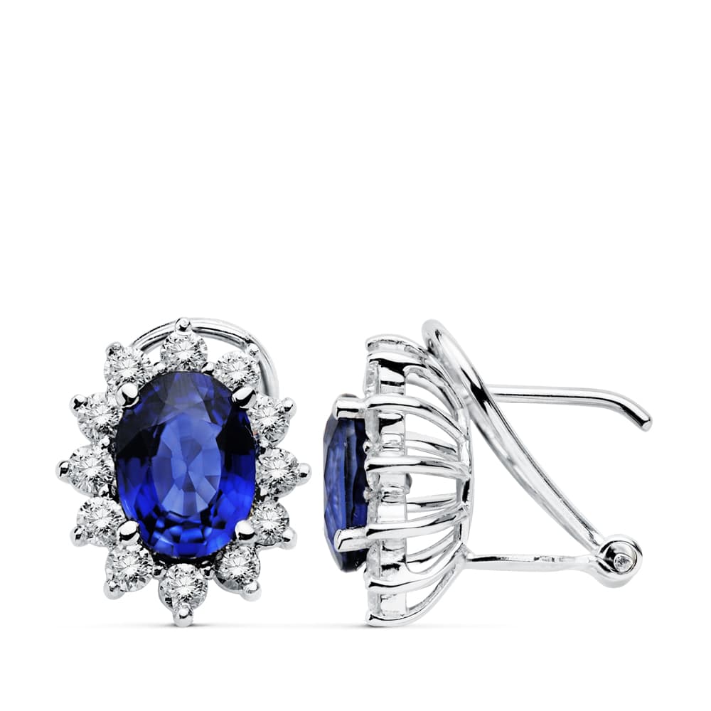 Boucles d'oreilles en Or Blanc 18K 24 Diamants Lab 0.84 Ct VS2-G et Saphir 8X6 mm 3.26 Ct Fermoir Omega 12.5X11 mm
