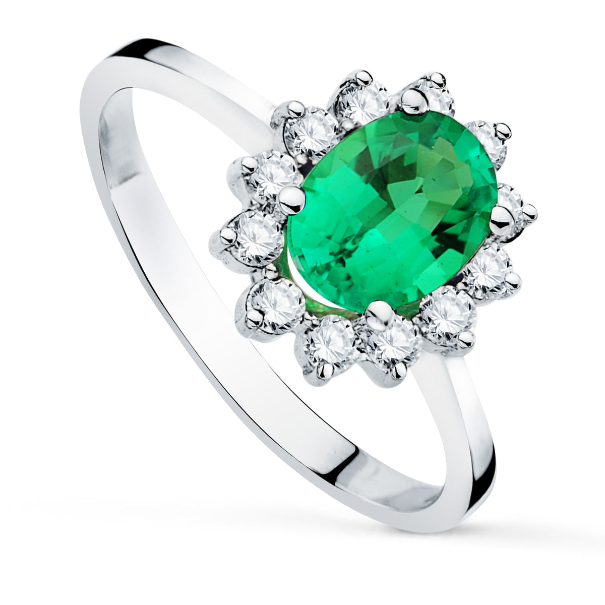 Anillo Oro Blanco 18K Esmeralda 8X6 mm 1.10 Ct Diamantes 0.42 Ct VS2-G