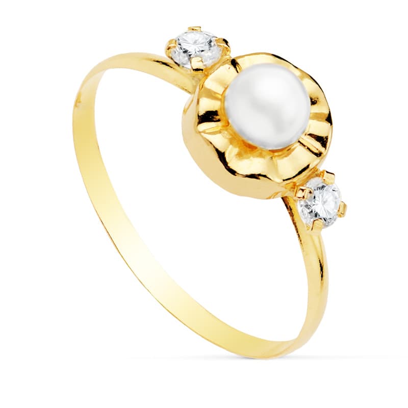 18K Gulguld Ring med Zirkon og 4 mm Perle Bredde: 7 mm