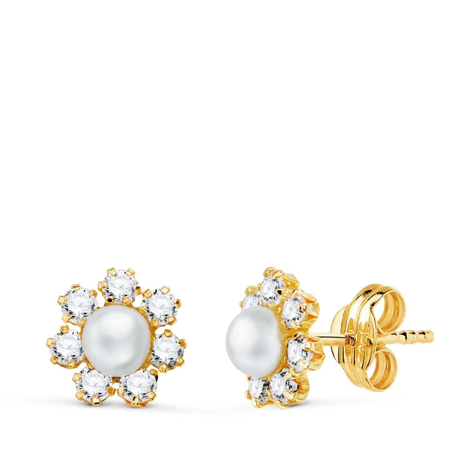 Boucles d'oreilles en Or Jaune 18K avec Zircon et Perle de 4 mm Taille : 9X9 mm Fermoir Poussettes Papillon