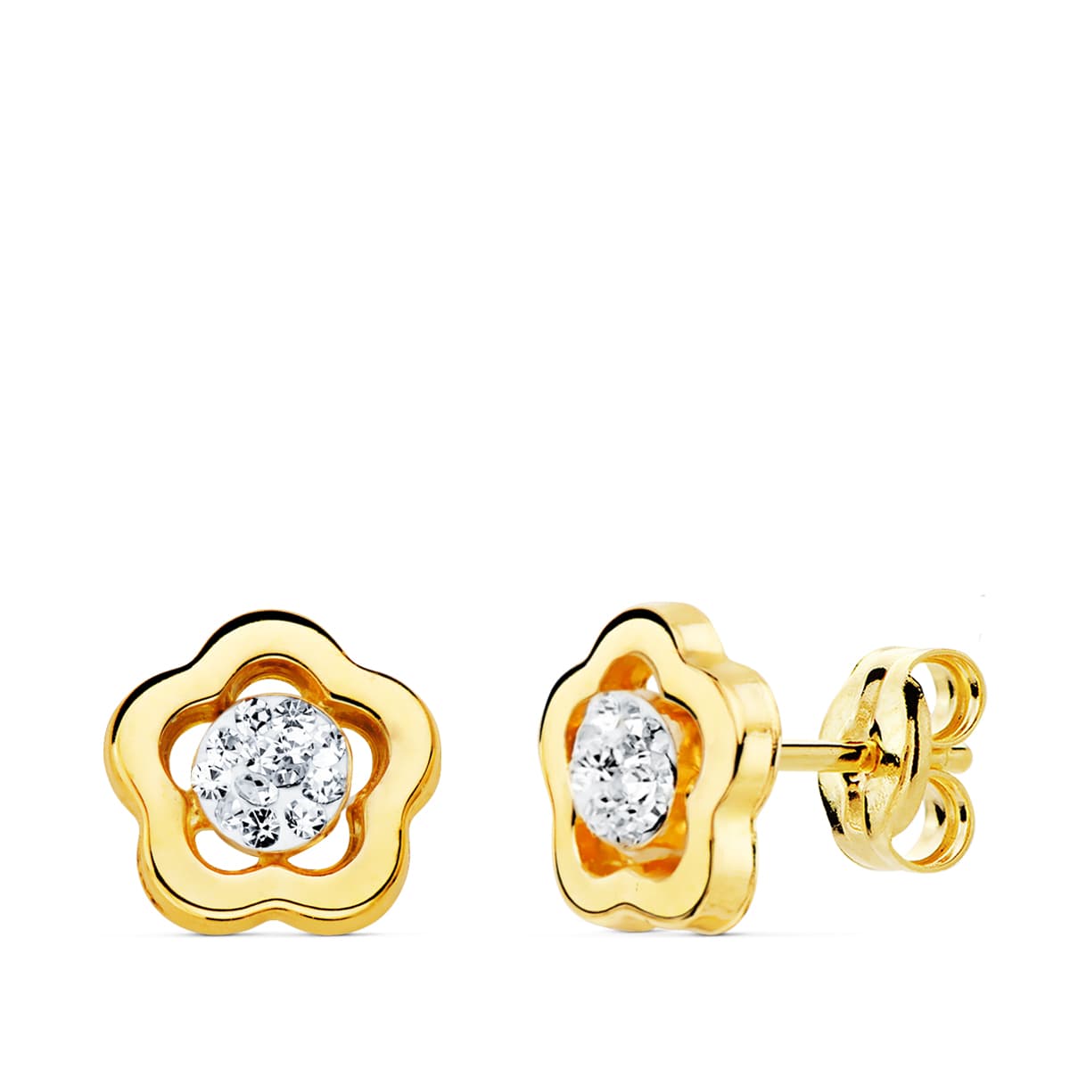 Pendientes Oro Amarillo 18K Flor y Circonitas Cierre Mariposa 8X8 mm