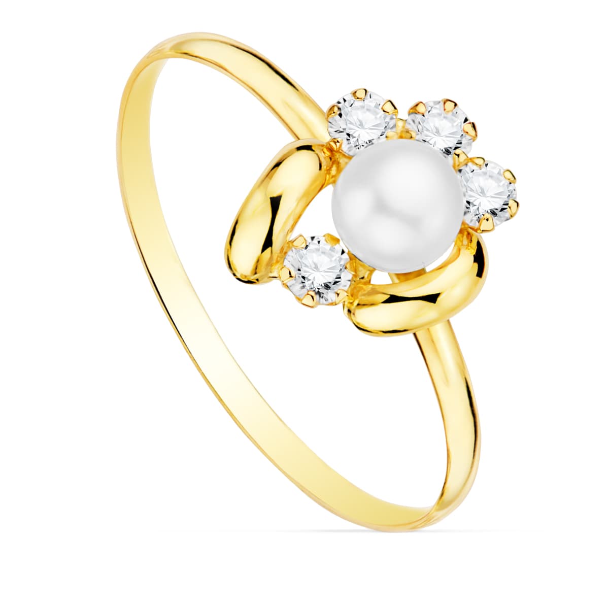 18K Bague Fleur de Communion Or Jaune 11X9 mm Largeur Corps 12 mm Perle 5 mm