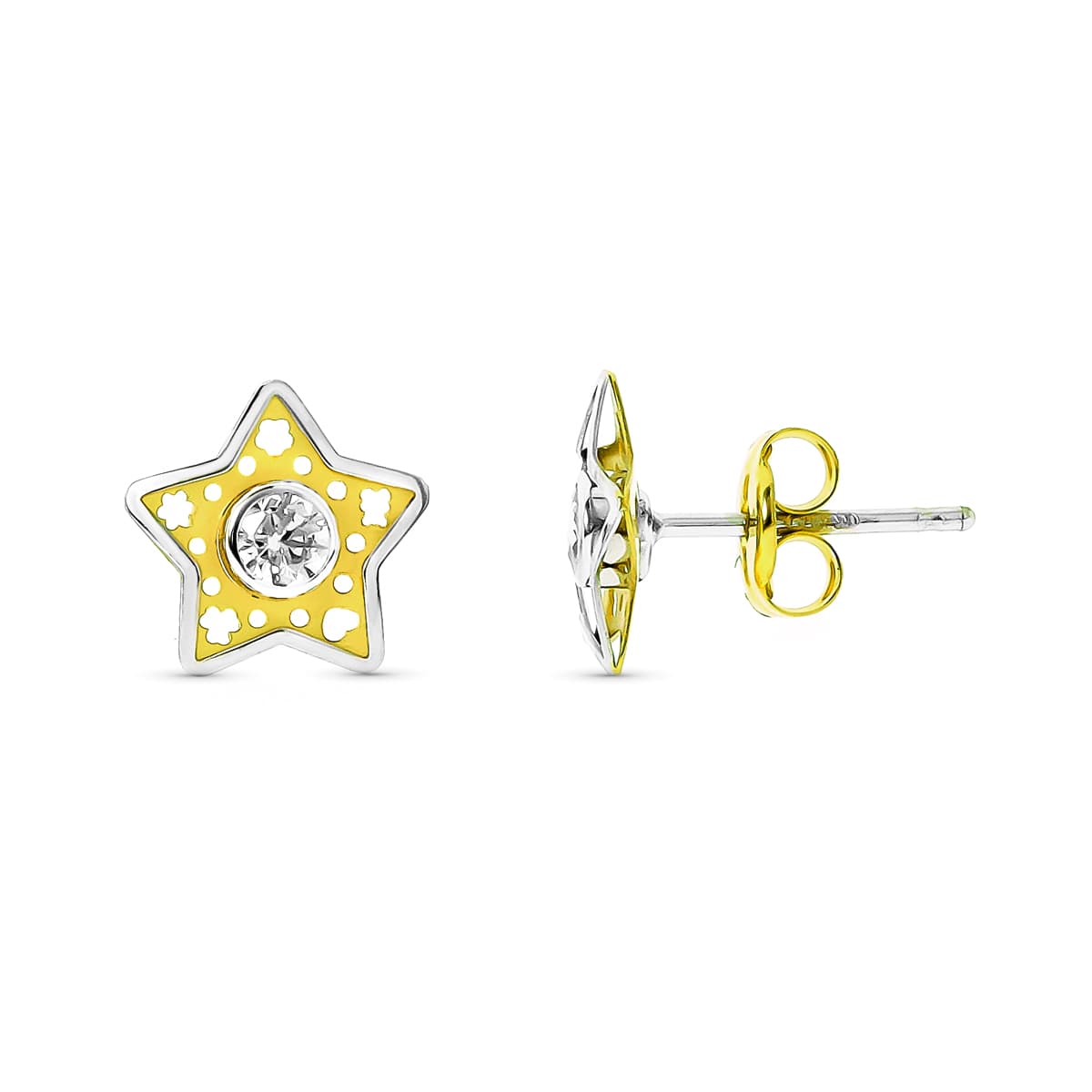 Pendientes Comunión Estrella de Oro Bicolor de 18K con Cierre Push Mariposa