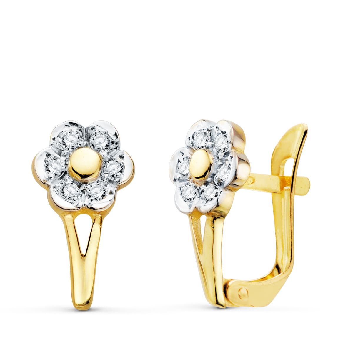 18K 2 guld og Cubic Zirconia blomsterøreringe. 13x7 mm