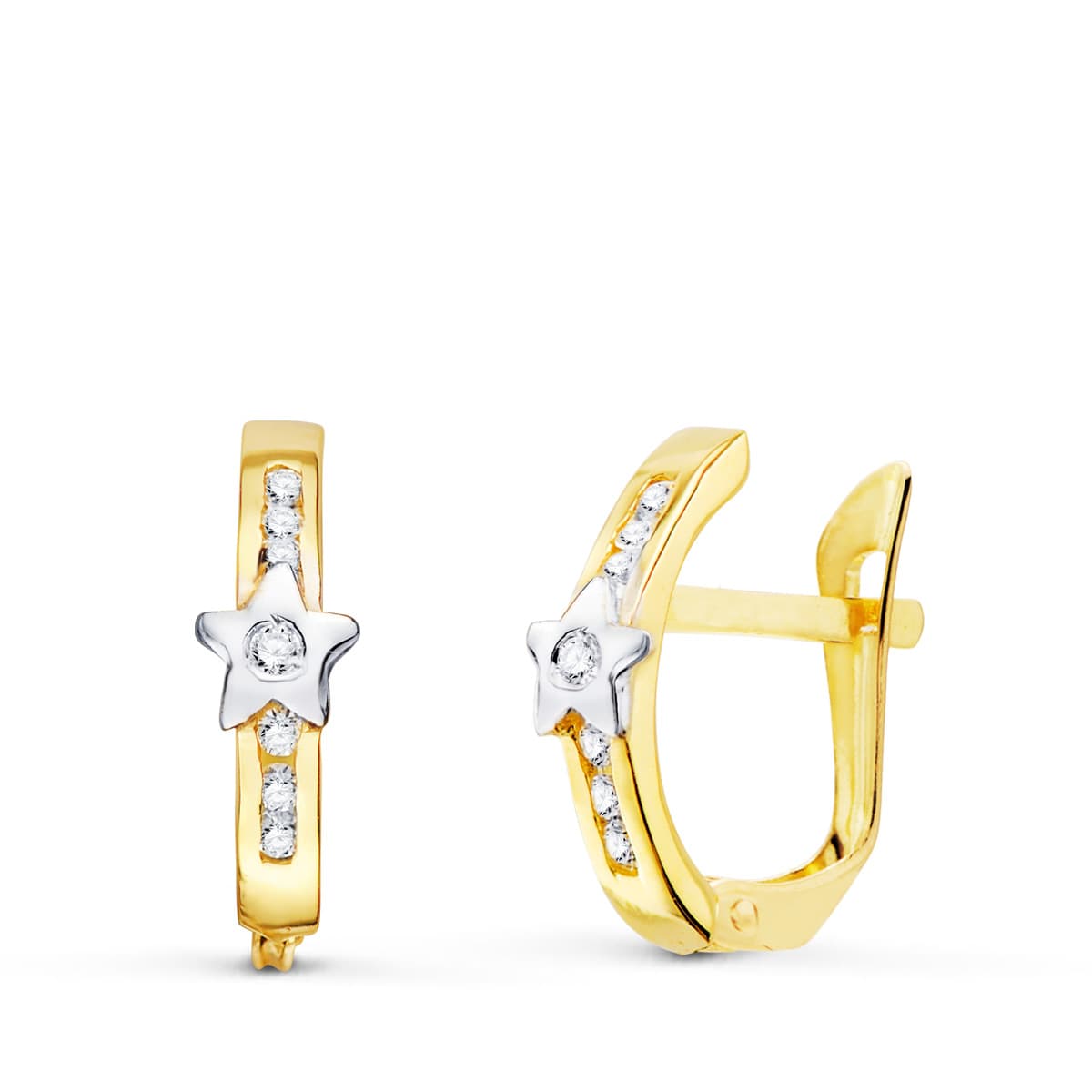 Pendientes Oro 18K con Estrellas Bicolor y Circonio Cierre Catalán 13X3 mm