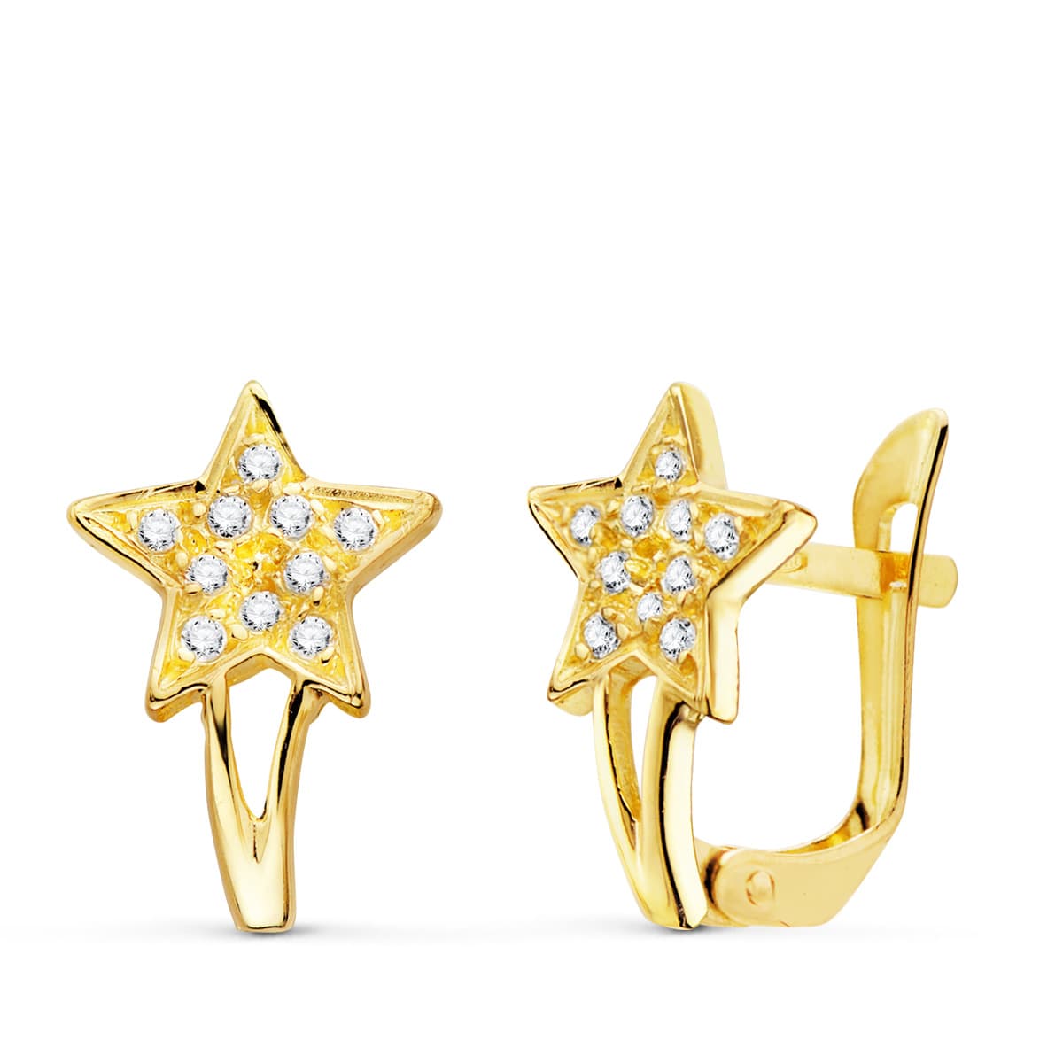 18K Boucles d'oreilles en Or Jaune Étoiles avec Oxydes de Zirconium. 12X8 mm