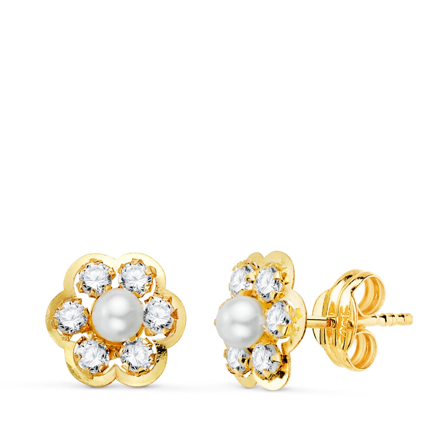 Pendientes Flor en Oro Amarillo de 18K con Perlas de 3MM y Cierre Mariposa de Circonitas 8.5MM