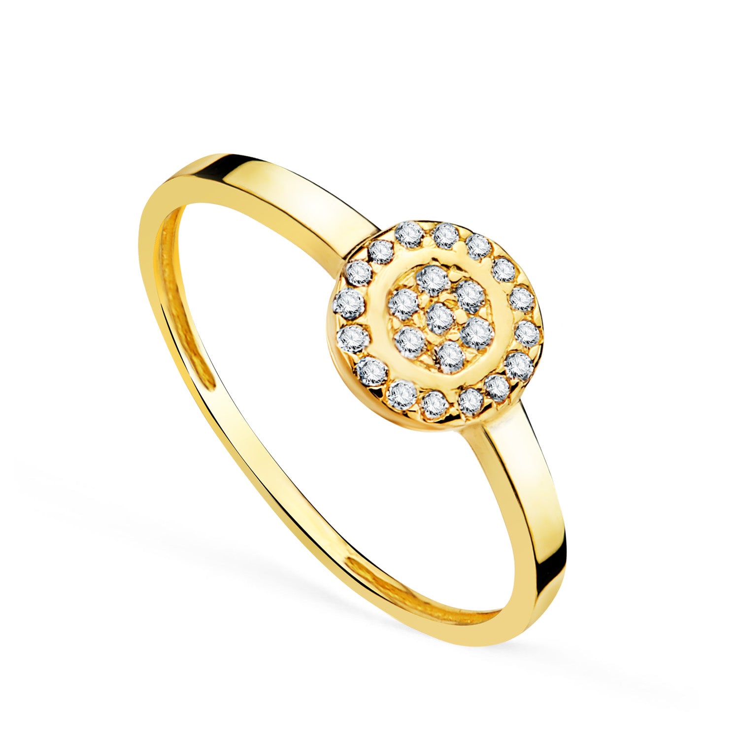 18K Yellow Gold Ring with Round Zircon Design 7 mm Body Width 1.8 mm