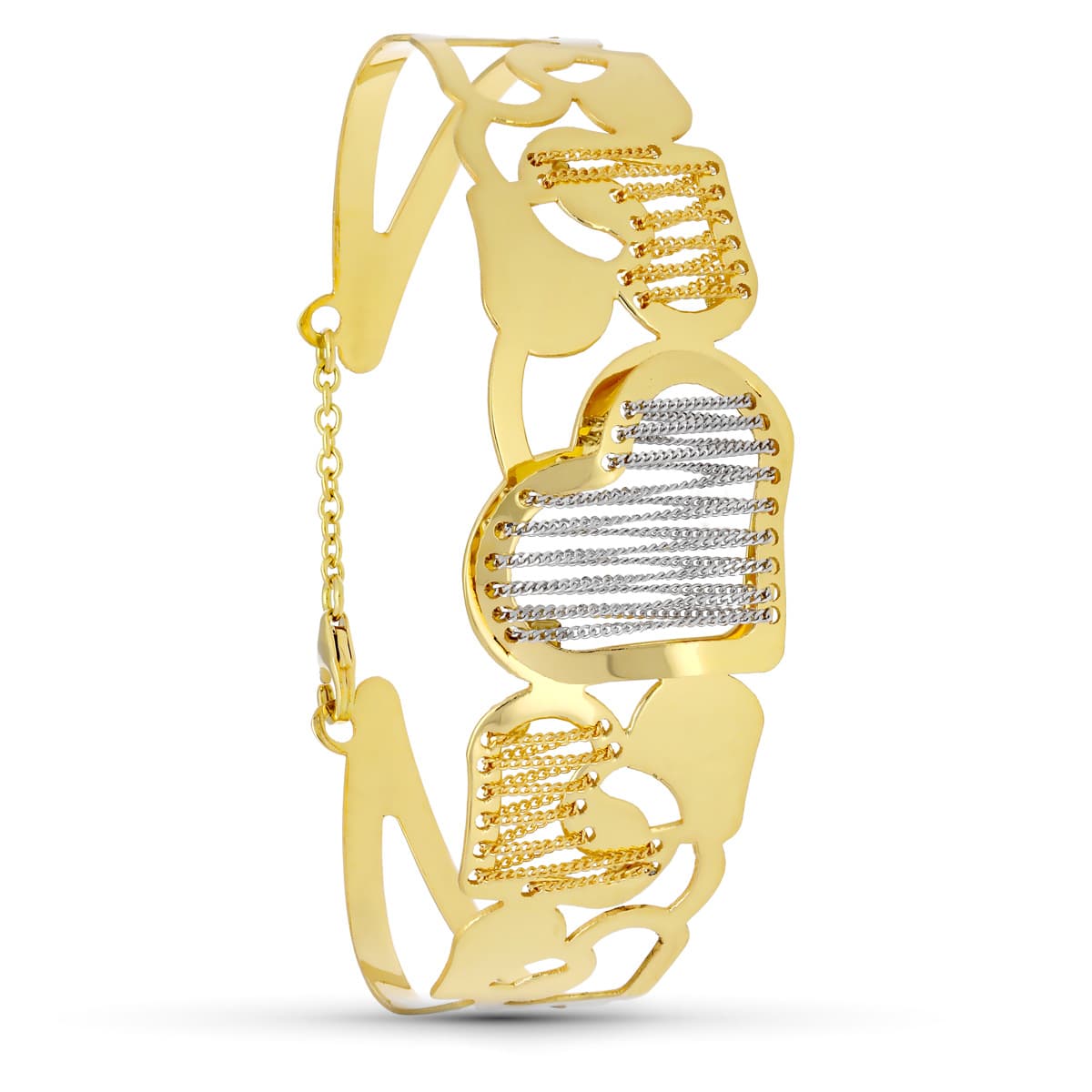 Pulseira rígida de dois tons de ouro 18K com corações e correntes