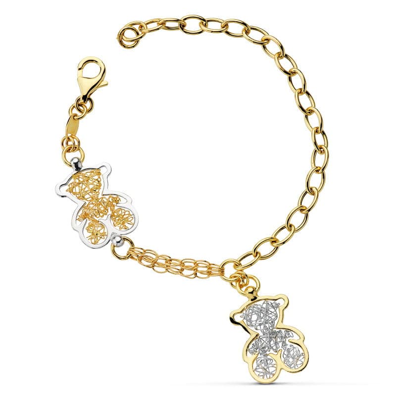 Pulseira Urso e Elos em Ouro Bicolor 18K 19 Cm