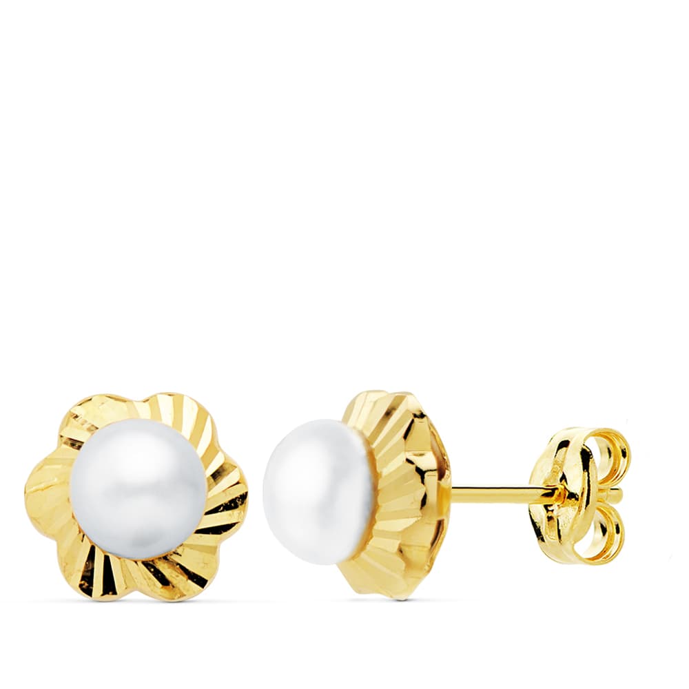18K Boucles d'oreilles en Or Jaune Fleur Diamanté 7 mm Perle 4 mm Fermoir Pousse