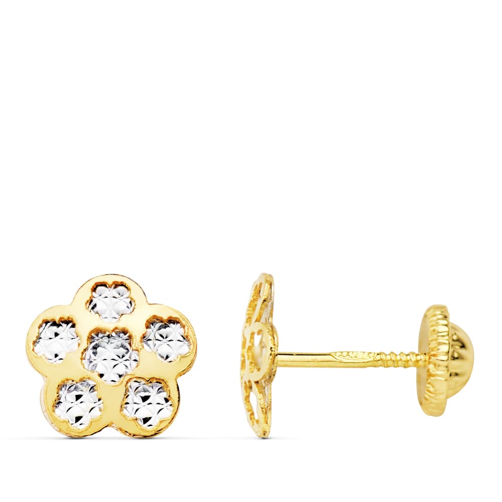 Pendientes Flor Oro 18K Cierre Rosca 8X