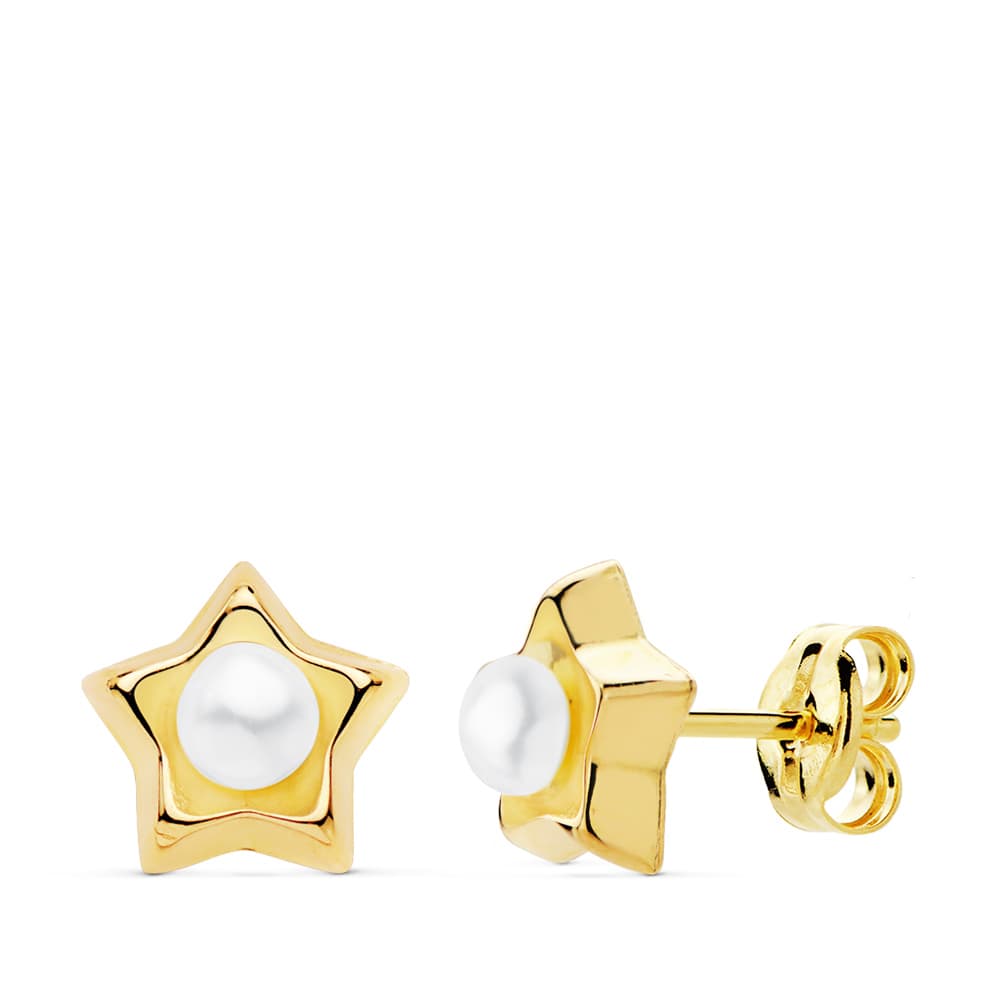 Boucles d'oreilles Perle Étoile Or Jaune 18K 8X8 mm Fermoir Poussettes Papillon