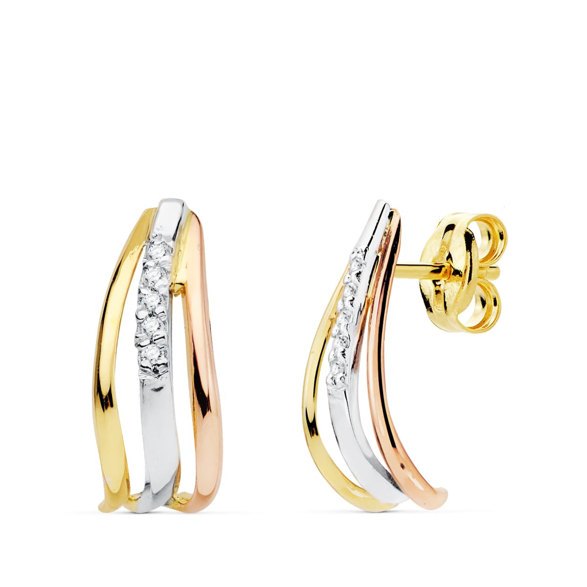 18K oorbellen 3 gouden banden en zirkonen 15 x 6 mm vlindersluiting