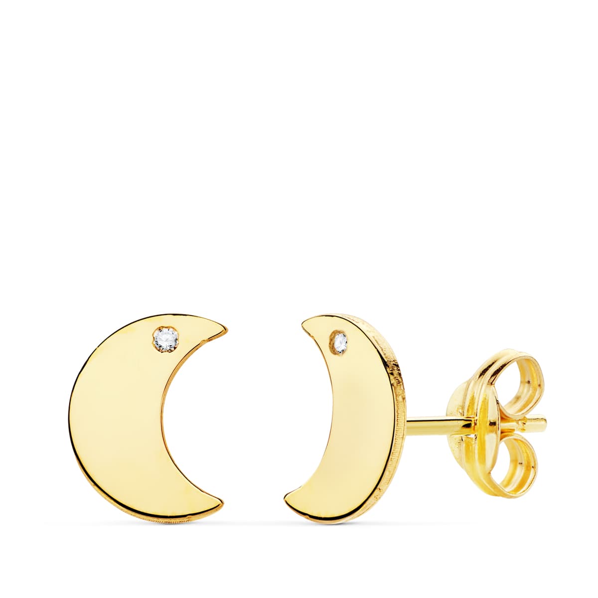Boucles d'oreilles Or Jaune 18K Lune Lisse Zircone 8.5 X 6 mm Fermoir Poussettes Papillon