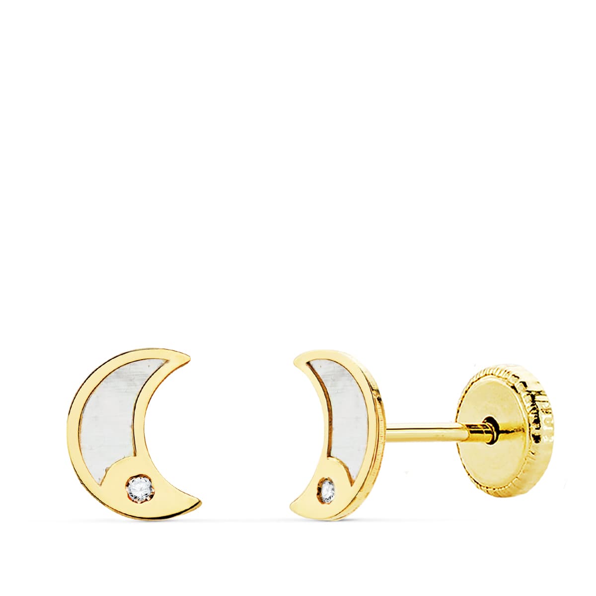 18K Boucles d'oreilles Or Jaune Lune Nacre et Zircon 6.5 X 5 mm Fermoir a Vis