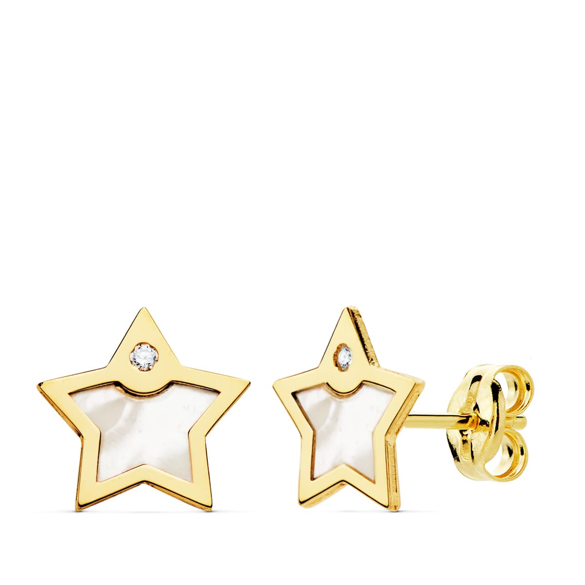 Boucles d'oreilles Or Jaune 18K avec Étoile Nacre et Zircon 8X8 mm Fermoir Poussettes Papillon