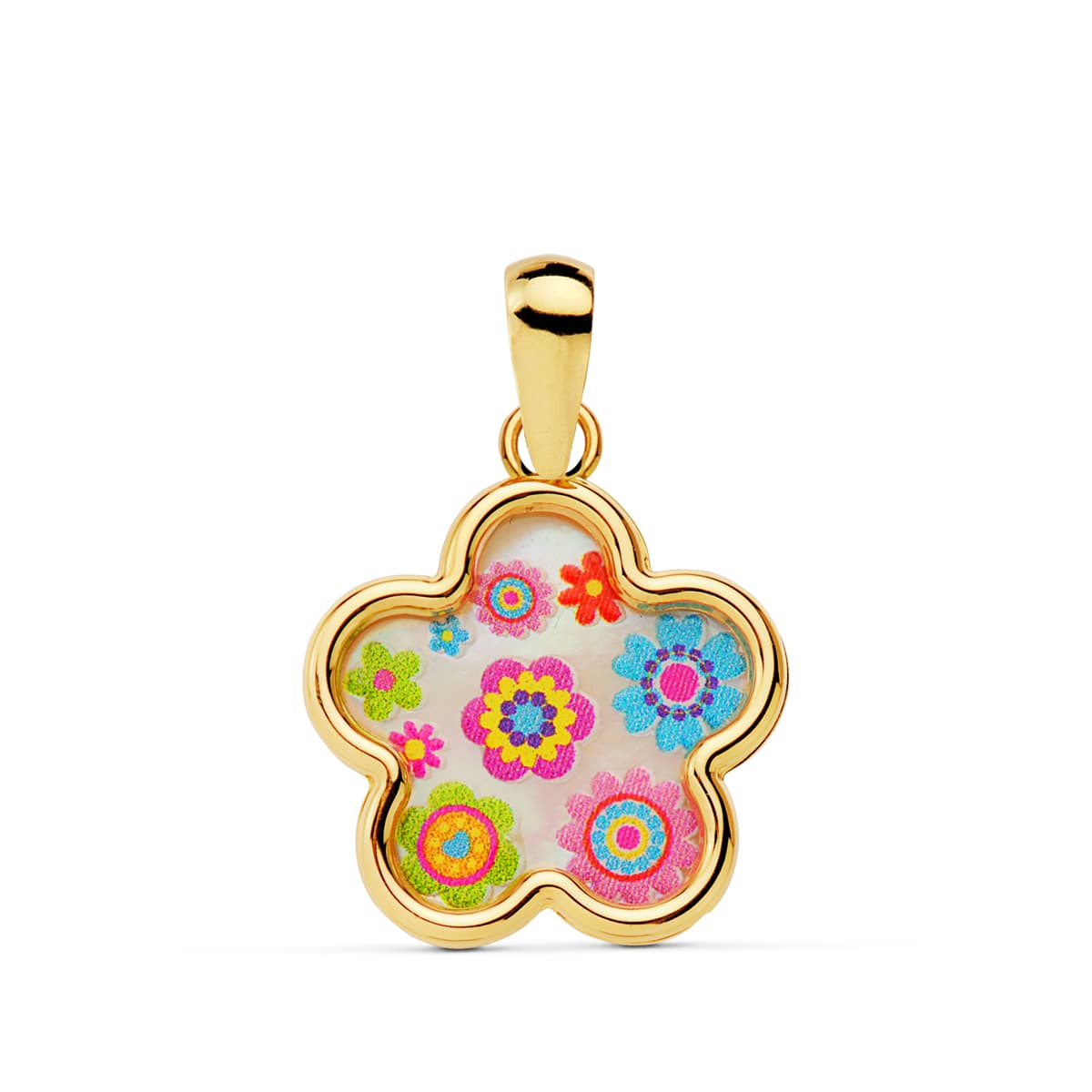 Collier Or Jaune 18K Couleurs Fleurs Nacre 13X13 mm