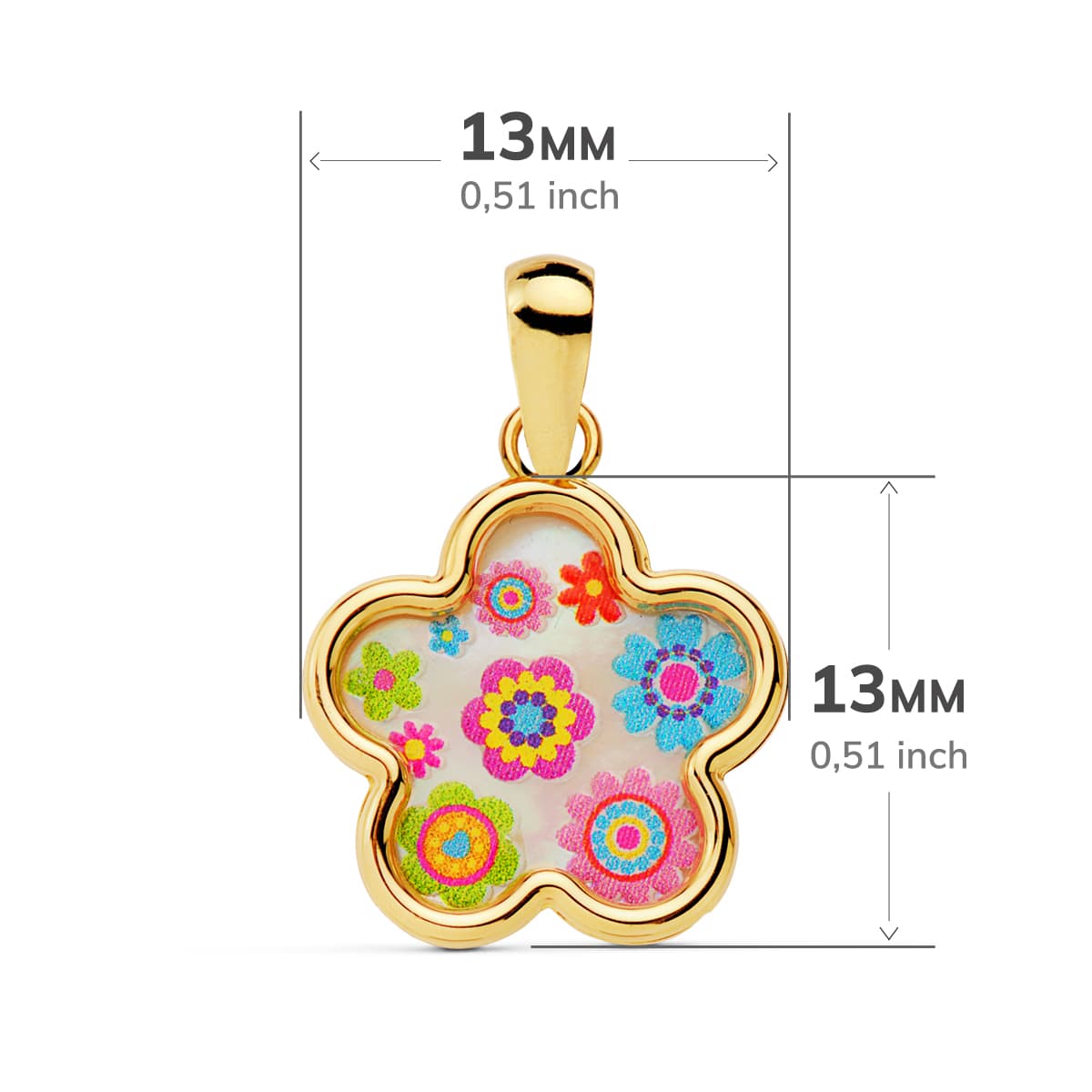 Collier Or Jaune 18K Couleurs Fleurs Nacre 13X13 mm
