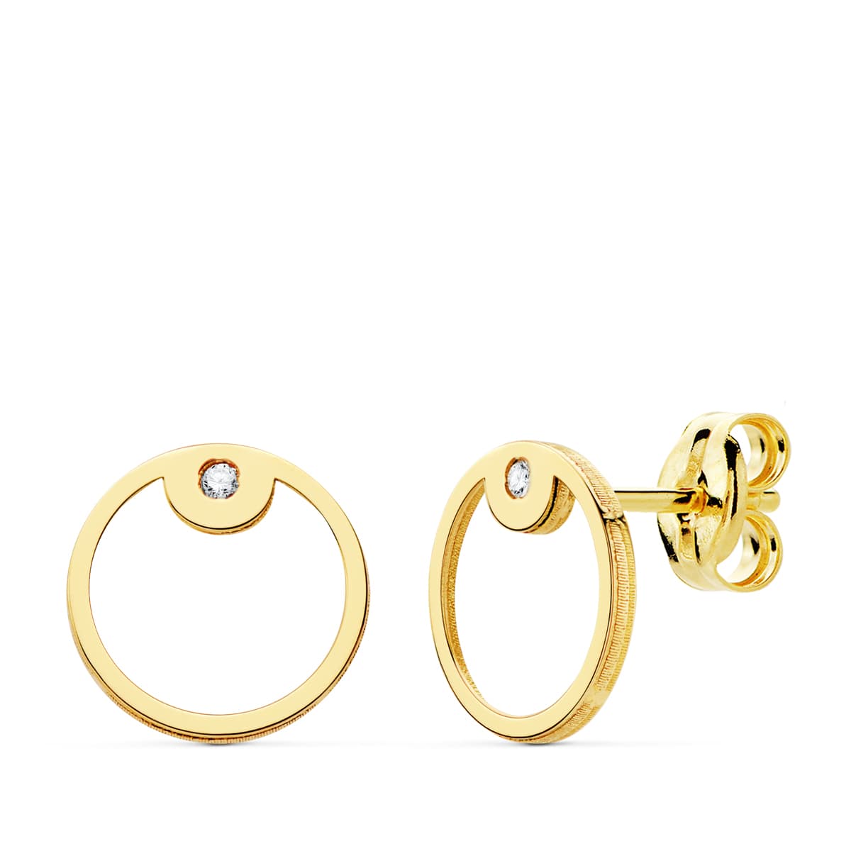 Boucles d'oreilles Or Jaune 18K Zircon Rondes 8 mm Fermoir Poussettes Papillon