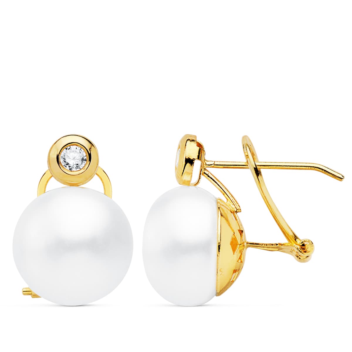 Pendientes Perlas y Bisel Oro Amarillo 18K 16X11 mm Cierre Omega