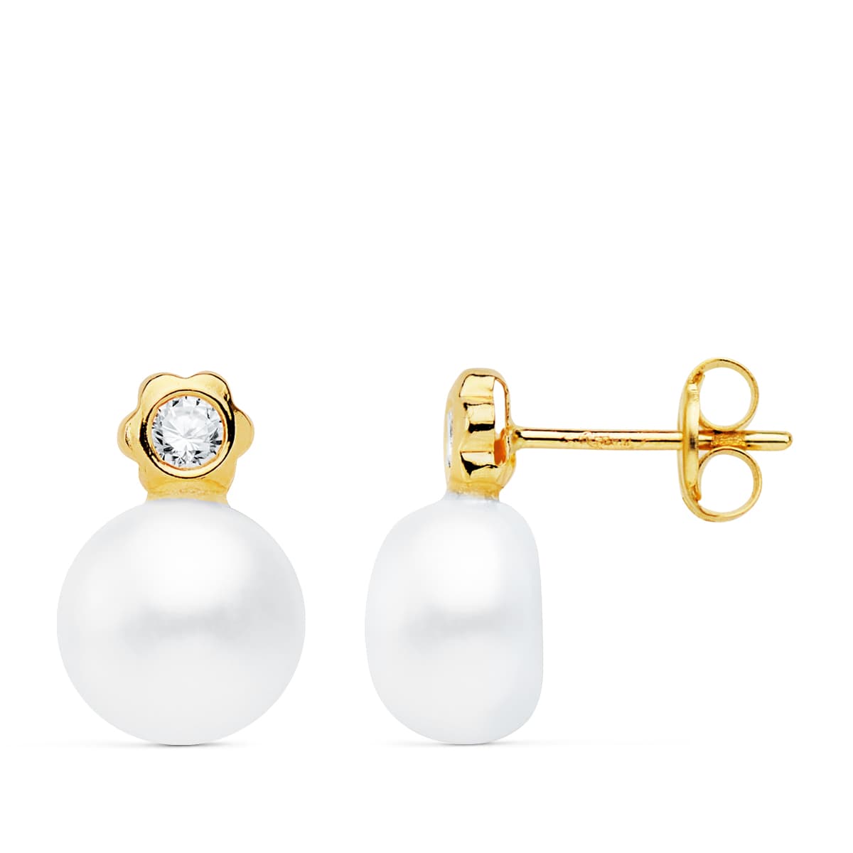 Boucles d'oreilles Perle et Fleur Or Jaune 18K 12X8 mm Fermoir Poussettes Papillon