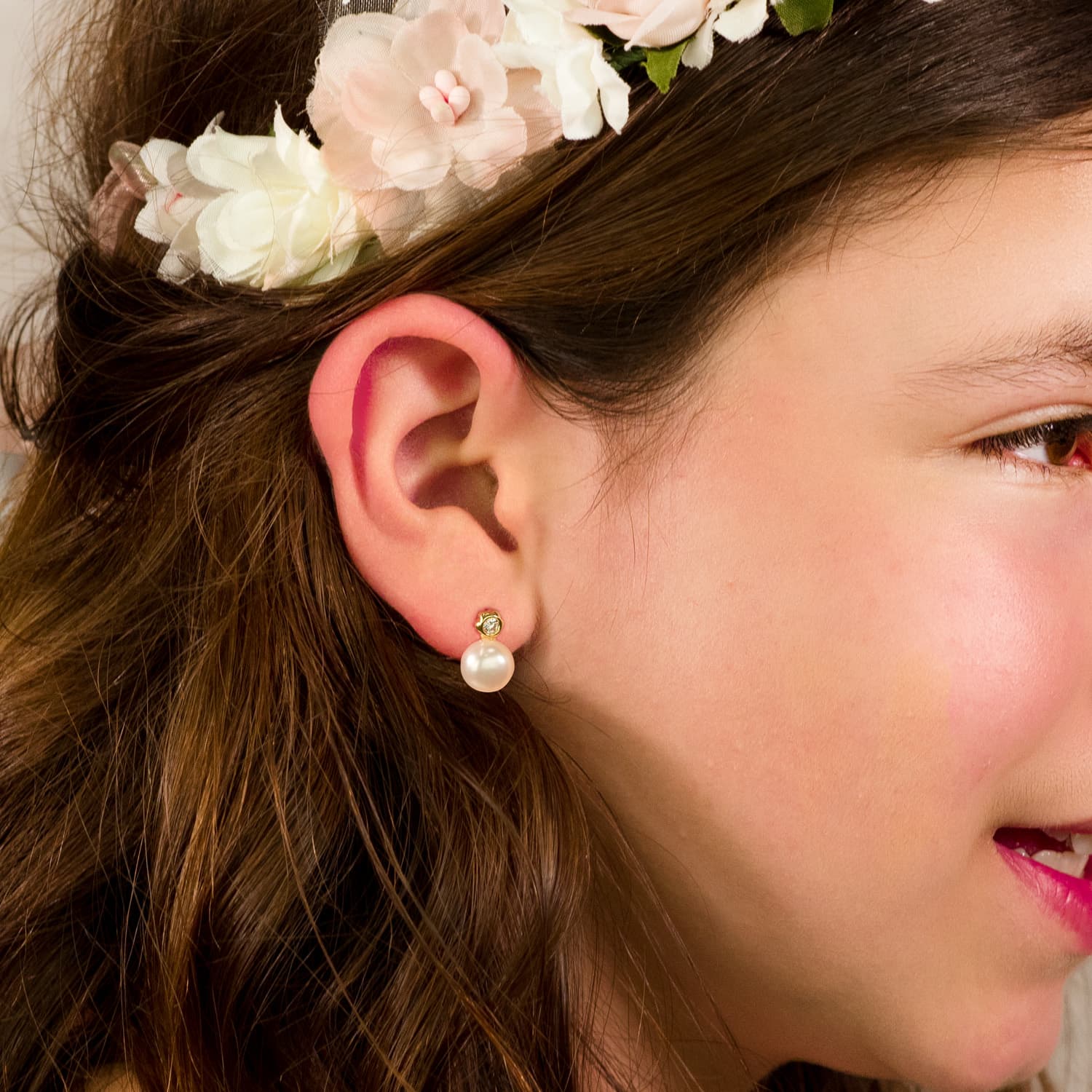 Boucles d'oreilles Perle et Fleur Or Jaune 18K 12X8 mm Fermoir Poussettes Papillon