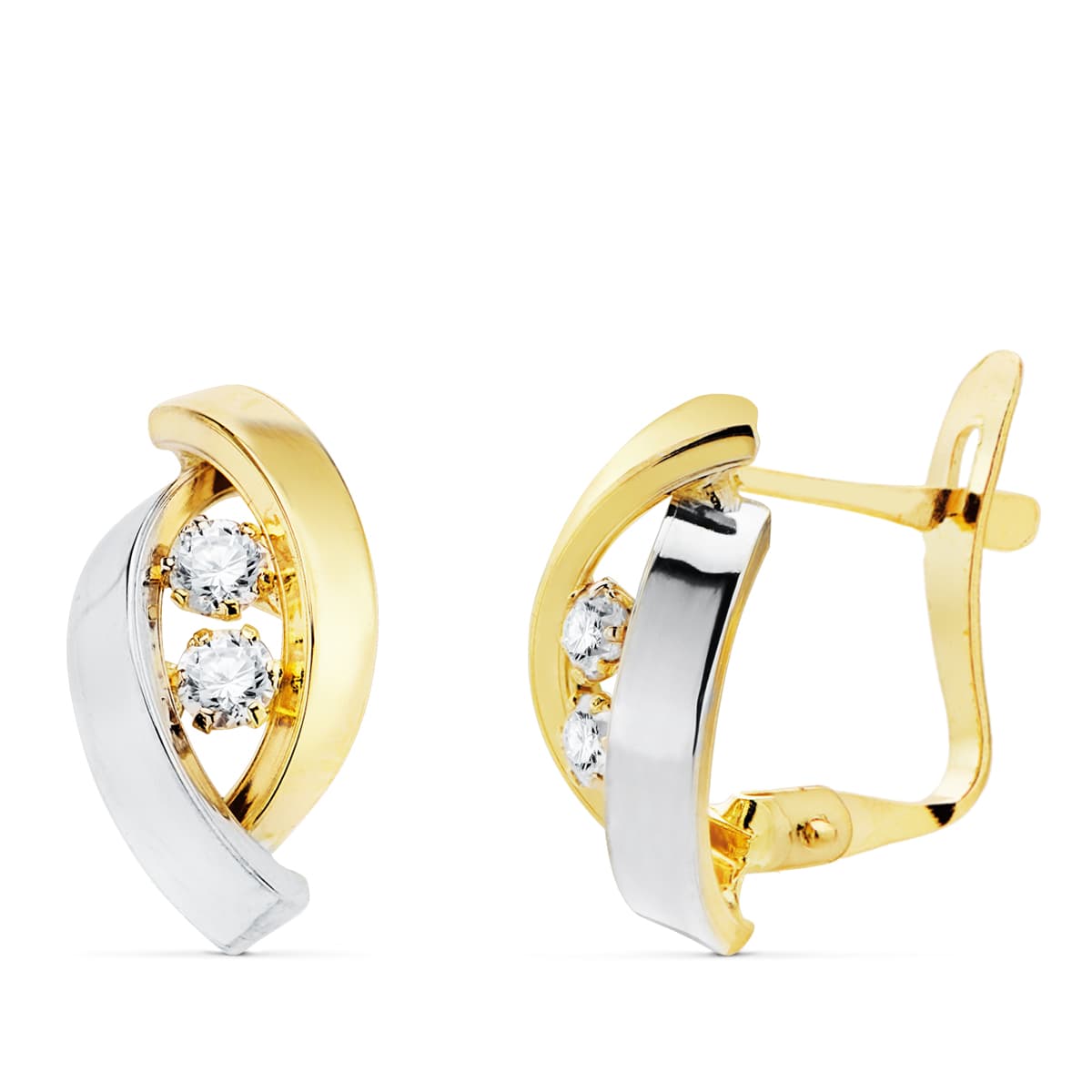 Brincos em ouro bicolor 18K e zircônias 14X8 mm