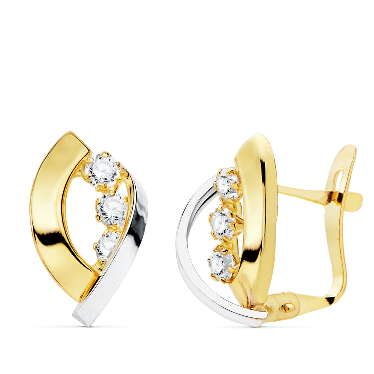 Pendientes Oro Bicolor de 18K con Bandas y Cierre Bisagra de Circonitas 14X9 mm