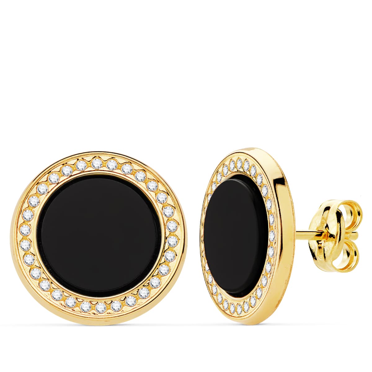 Boucles d'oreilles Rondes Zircone et Onyx Or Jaune 18K 125 mm Fermoir Poussettes Papillon