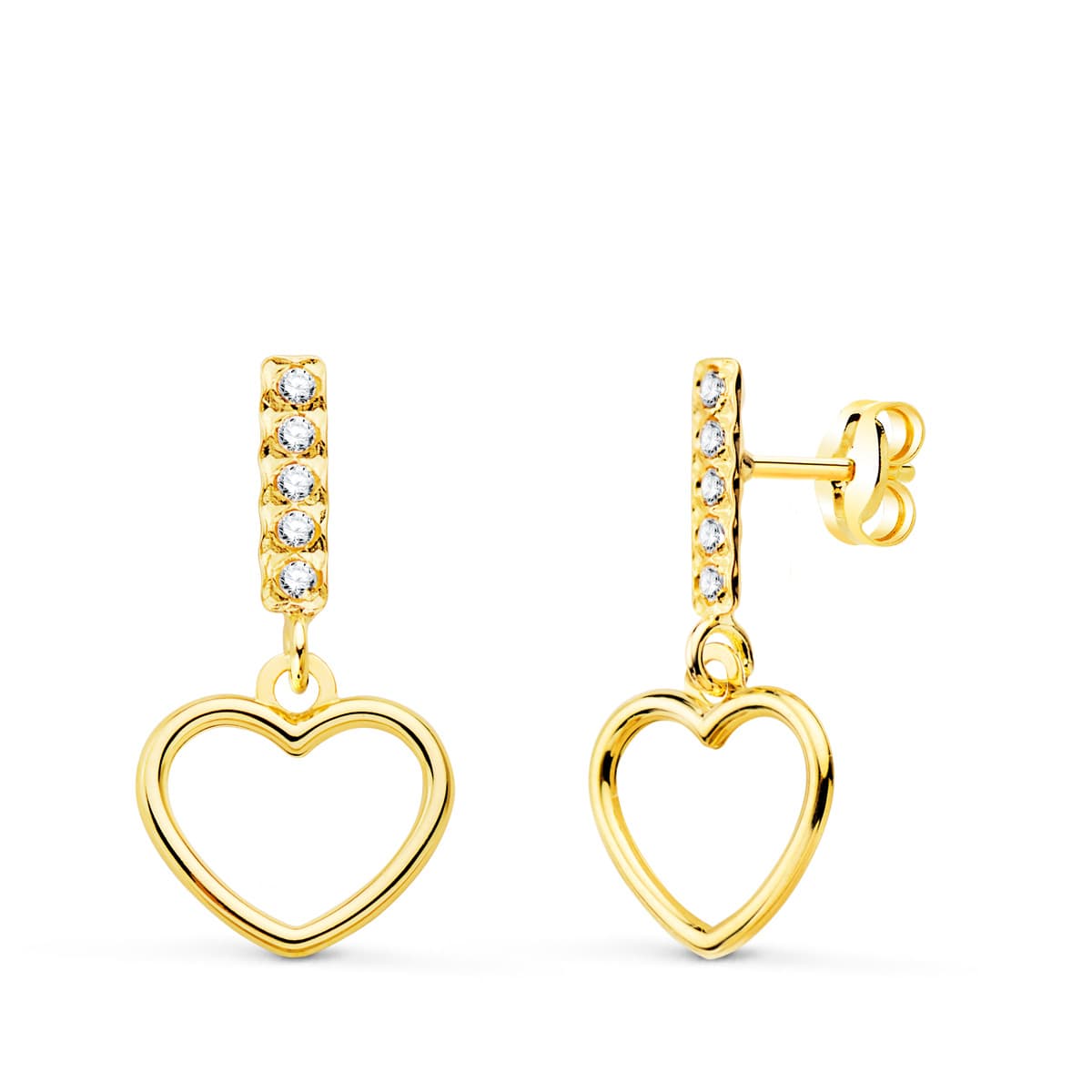 Orecchini Pendenti Cuore e Zirconi 18K 17 X 9 mm